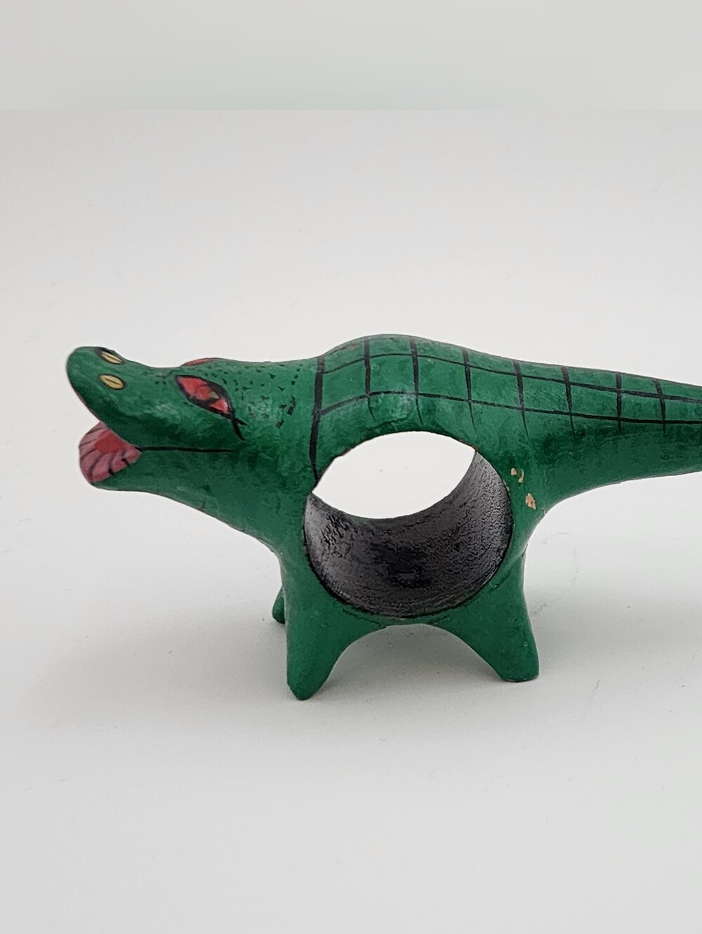 Hand Carved Green Crocodile-shaped Wooden Figurine Napkin Holder Folk Art